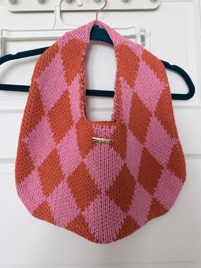 KOPARI Knit Argyle Bag Pink Orange Circle Handbag Purse Preppy Boho Slouchy